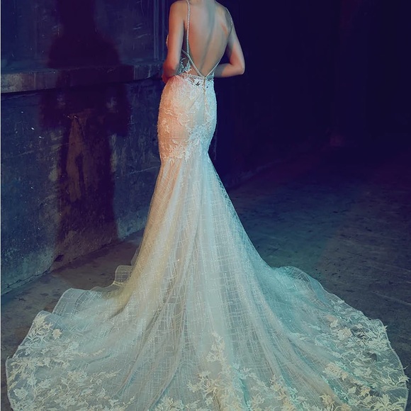 Deep V, Low Back Wedding Dress that Sparkles - Picture 2 of 6